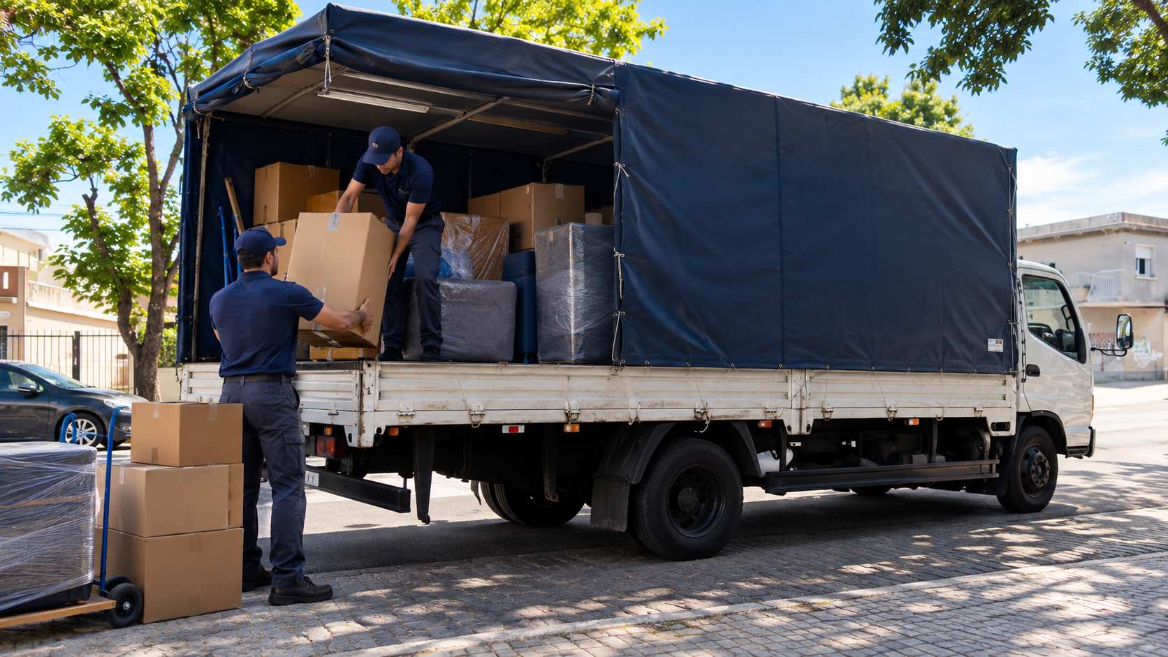 Dos operarios cargando cajas y muebles embalados en un camión con lona